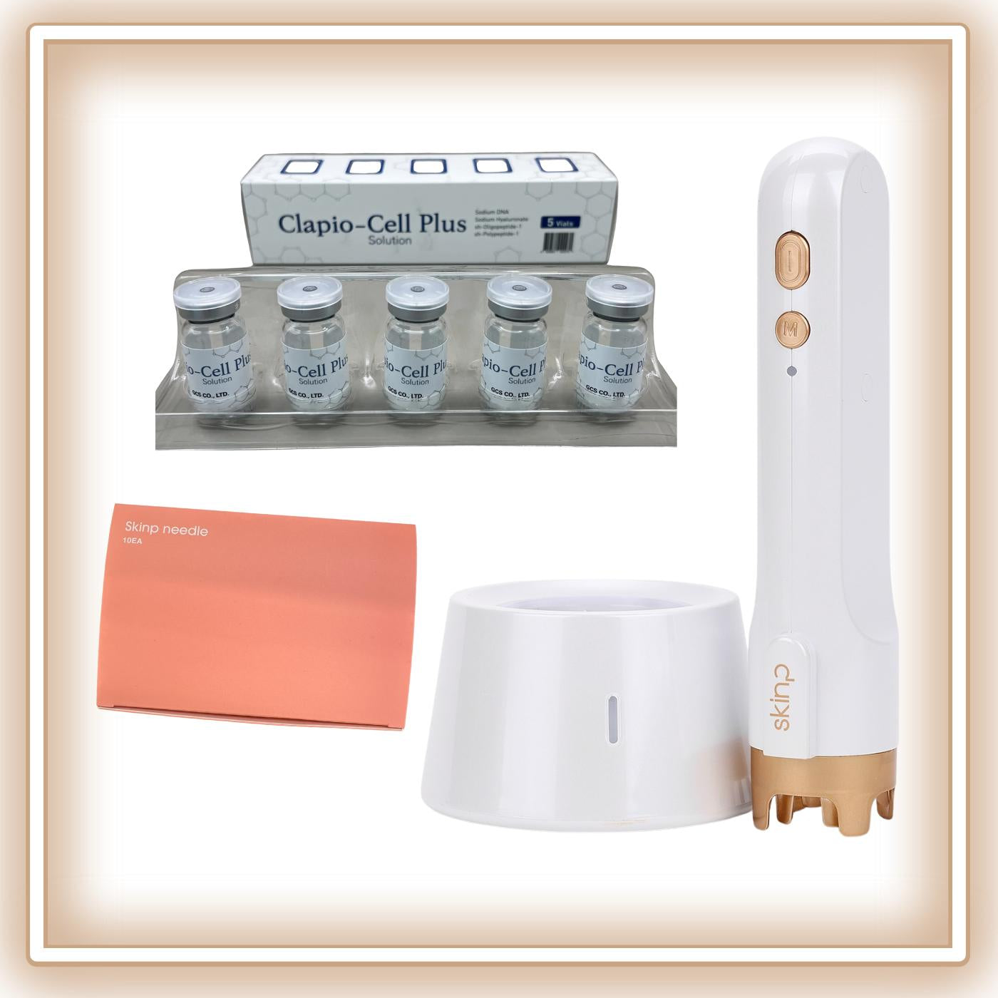 Clapio Cell Plus device with packaging and accessories on a beige background